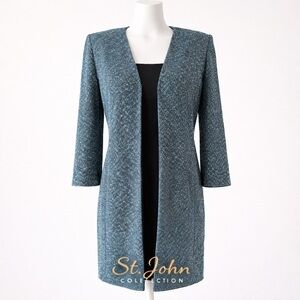 St. John Collection Marled Teal Santana Knit Open Front Jacket Cardigan Size 6